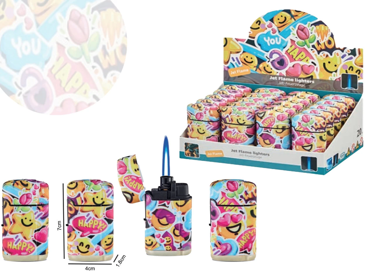 Tom Jet Flame Aanstekers - Turbo Aansteker - 20 Stuks In Display - 360° Happy Smiley Print - Soft Touch 3 Tom Jet Flame Aanstekers - Turbo Aansteker - 20 Stuks In Display - 360° Happy Smiley Print - Soft Touch