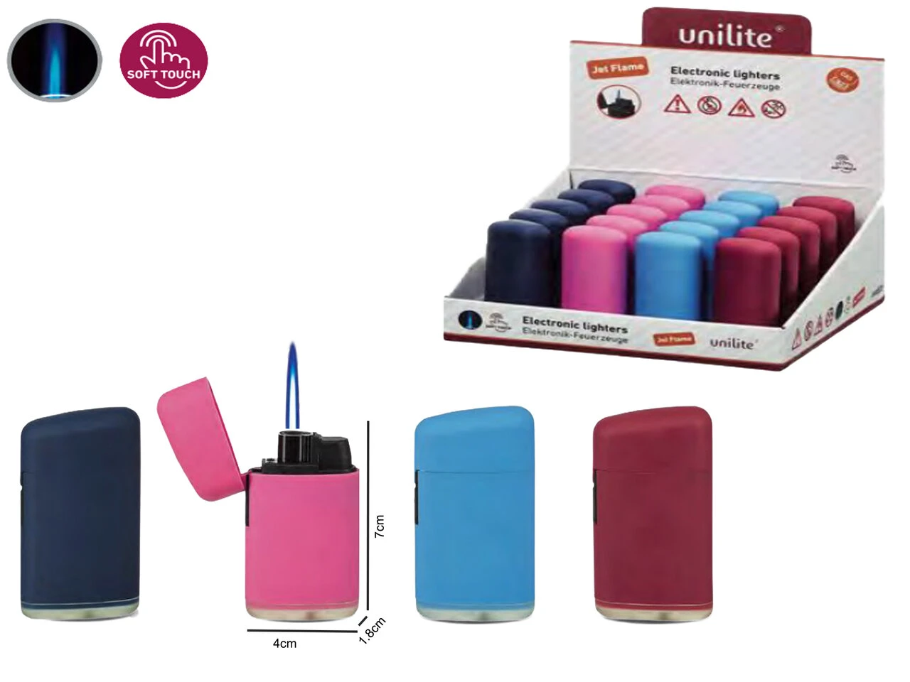 Jet Flame Unilite Aanstekers - Turbo Wind Aansteker - 20 Stuks In Display - 4 Ass. Soft Color - Soft Touch Lighters 3 Jet Flame Unilite Aanstekers - Turbo Wind Aansteker - 20 Stuks In Display - 4 Ass. Soft Color - Soft Touch Lighters