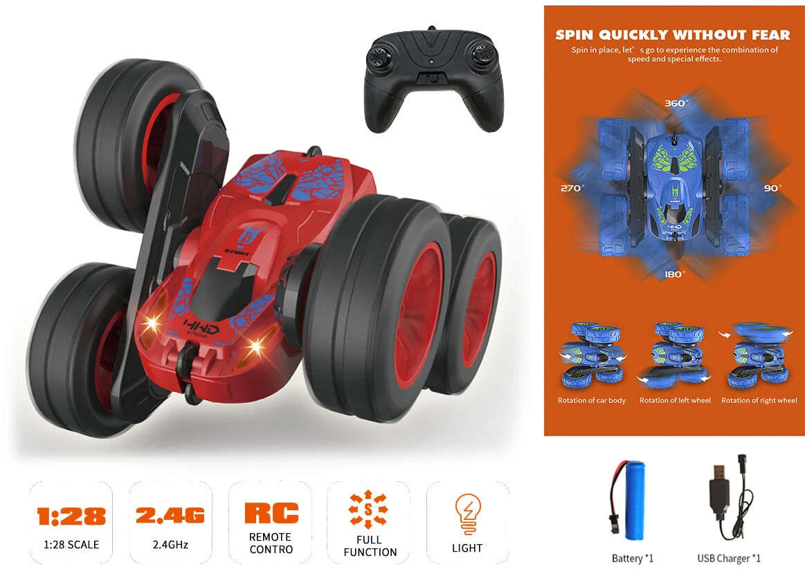 Rc Stunt Auto Hyper Wheels - Dubbelzijdig - 360 Graden - 2.4ghz - Off Road Stunt Car - TKKJ - Radio Grafisch Bestuurbare Auto 1:28 2 Rc Stunt Auto Hyper Wheels - Dubbelzijdig - 360 Graden - 2.4ghz - Off Road Stunt Car - TKKJ - Radio Grafisch Bestuurbare Auto 1:28