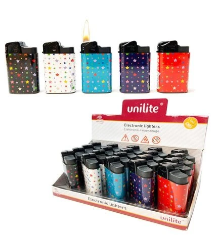 Unilite Klik Aanstekers - Navulbaar - 20 Stuks In Een Display - Stars Print 3 Unilite Klik Aanstekers - Navulbaar - 20 Stuks In Een Display - Stars Print